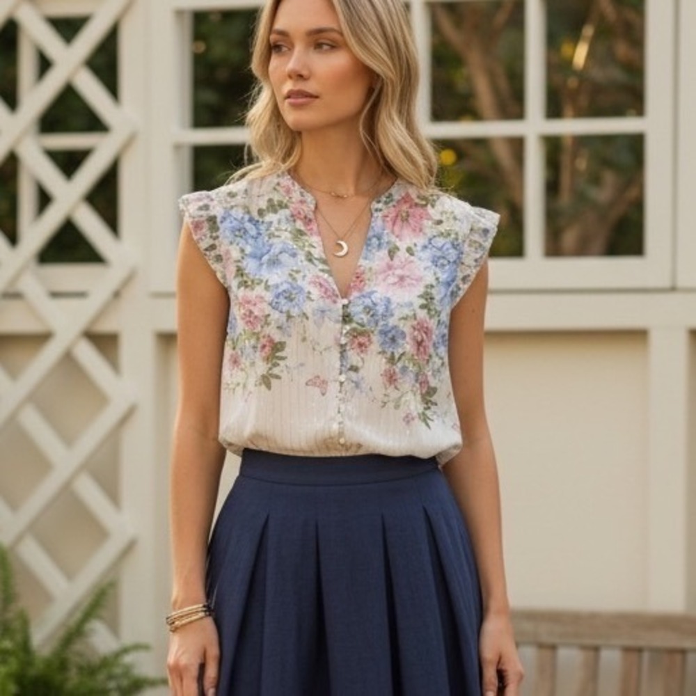 Haver + Blair London Floral Ruffle Cap Sleeve Blouse Cottagecore Garden Fairy S